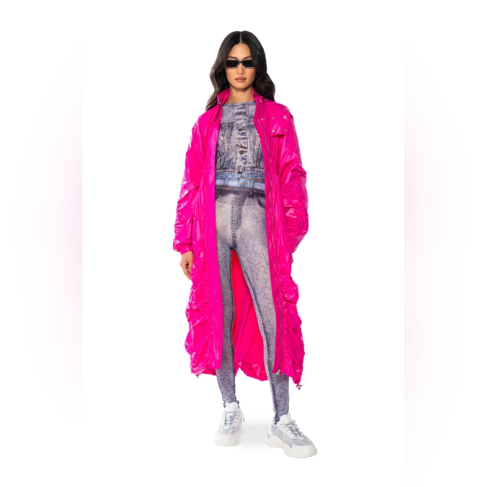 AKIRA Label Beetroot Swishy Loose Drawstring Ruched Trench Electric Pink Barbie